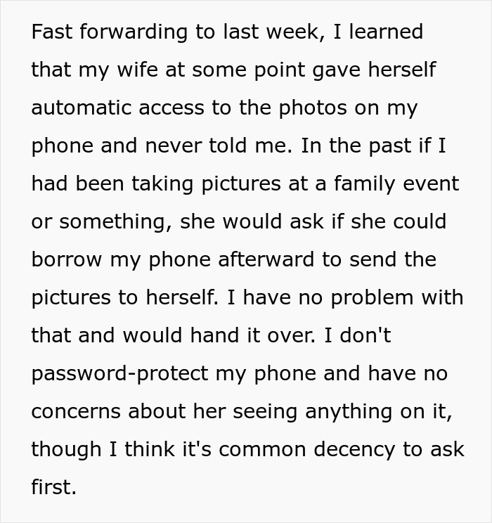 Man discovers wife secretly accessed his phone's camera roll without permission, raising privacy concerns. Man discovers wife secretly accessed his phone's camera roll without permission, raising privacy concerns.