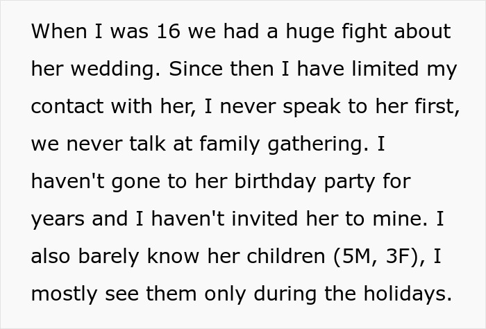 Text message about family conflict and limited contact after a past argument, related to babysitting issues. Text message about family conflict and limited contact after a past argument, related to babysitting issues.