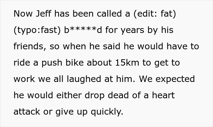 Text about Jeff's unexpected weight loss journey by biking to work. Text about Jeff's unexpected weight loss journey by biking to work.