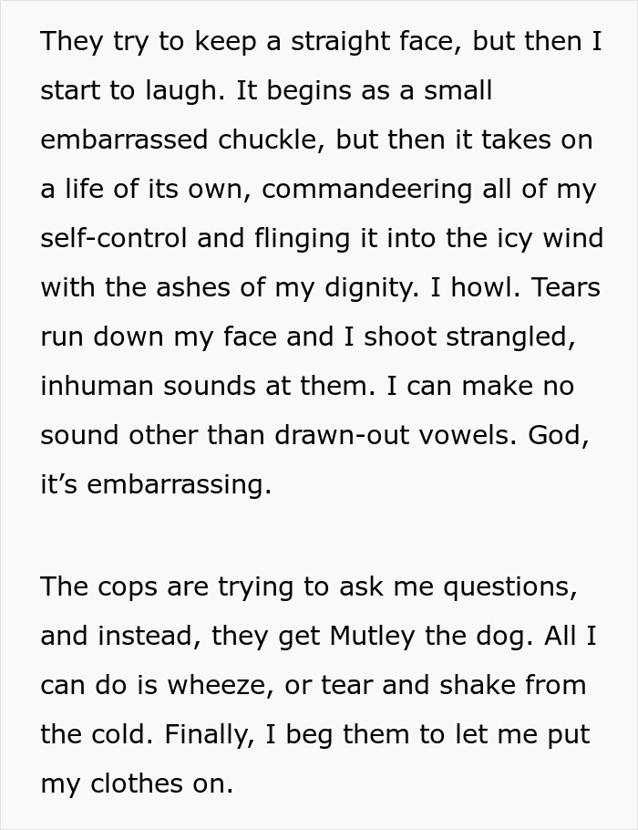 Text describing a woman's emotional reaction and police interaction during an insulin quest. Text describing a woman's emotional reaction and police interaction during an insulin quest.