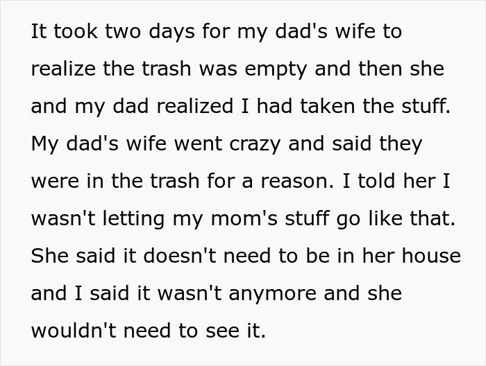 Text recounting drama after a woman is accused of stealing her late mom's belongings from the trash. Text recounting drama after a woman is accused of stealing her late mom's belongings from the trash.