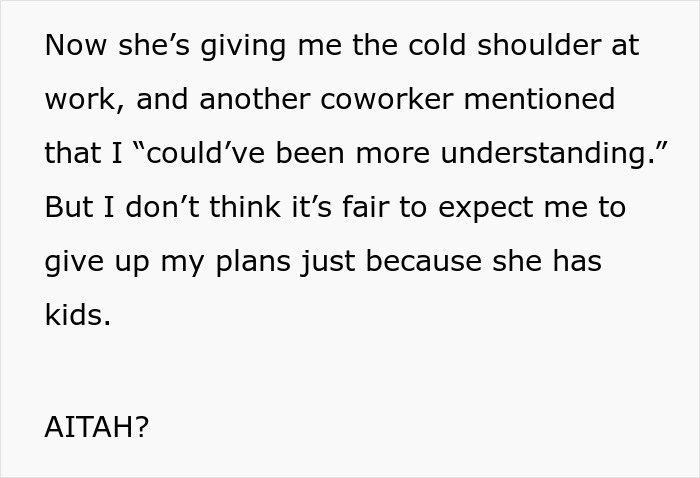 Text exchange about a mom giving a coworker the cold shoulder over a vacation dispute. Text exchange about a mom giving a coworker the cold shoulder over a vacation dispute.