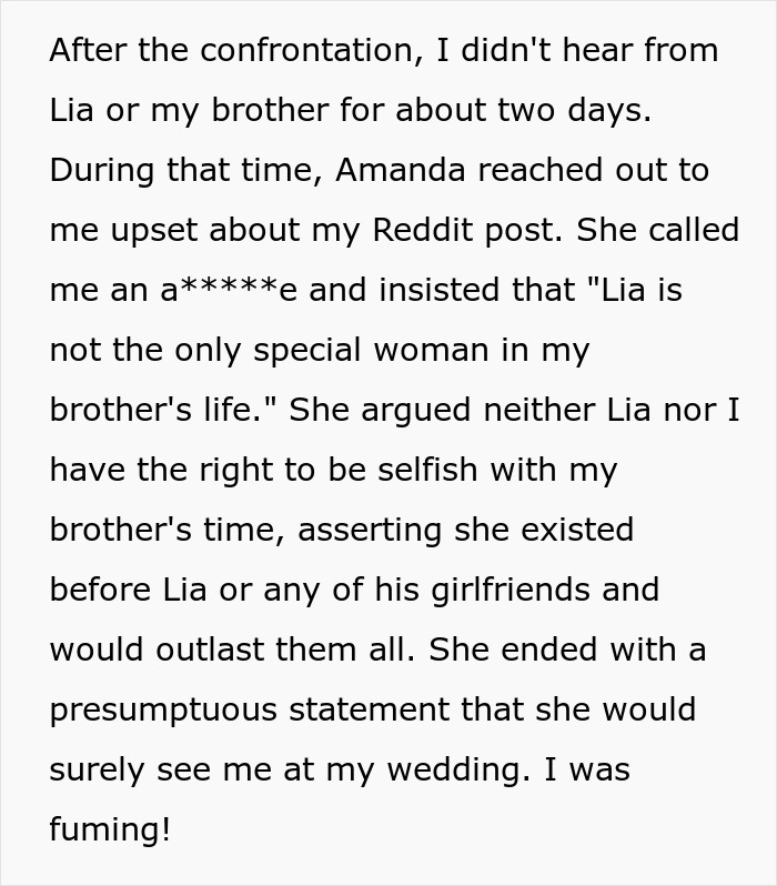 Text exchange about brother choosing female BFF for wedding +1 instead of girlfriend, causing conflict. Text exchange about brother choosing female BFF for wedding +1 instead of girlfriend, causing conflict.