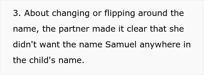 Text discussing a woman's preference against naming her partner's baby Samuel. Text discussing a woman's preference against naming her partner's baby Samuel.