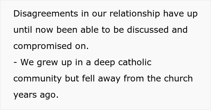 Text mentioning relationship disagreements and growing up in a Catholic community. Text mentioning relationship disagreements and growing up in a Catholic community.