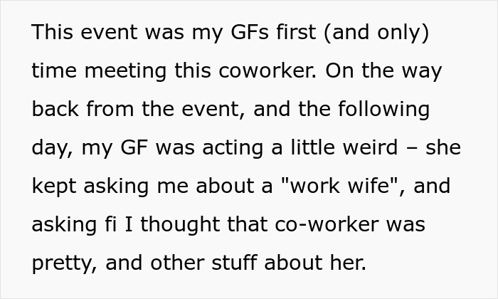 Text message discussing GF testing BF's loyalty, mentions "work wife" and questions about a coworker. Text message discussing GF testing BF's loyalty, mentions "work wife" and questions about a coworker.