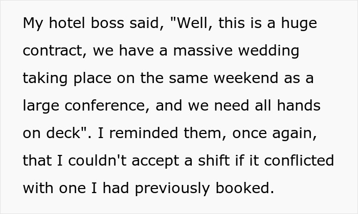 Text screenshot about workplace conflict involving shift scheduling and a boss's request. Text screenshot about workplace conflict involving shift scheduling and a boss's request.