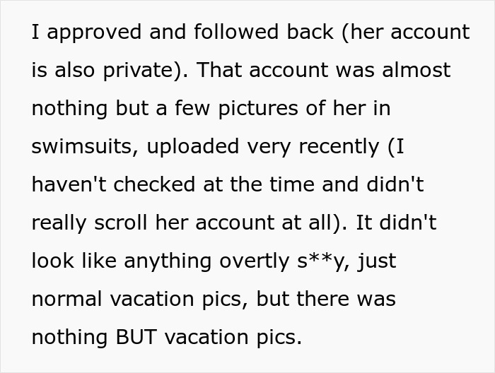 Text detailing a girlfriend's test of her boyfriend's loyalty using a fake Instagram account. Text detailing a girlfriend's test of her boyfriend's loyalty using a fake Instagram account.