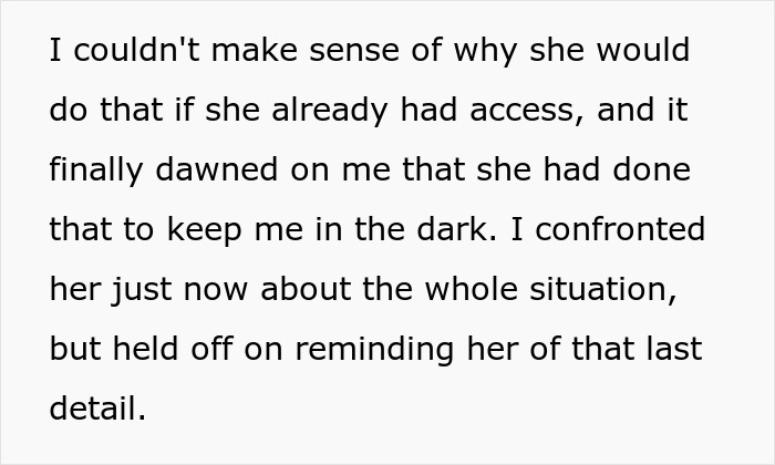 Text on a gray background about a wife's secret monitoring of spending and phone camera roll, expressing confusion and confrontation. Text on a gray background about a wife's secret monitoring of spending and phone camera roll, expressing confusion and confrontation.