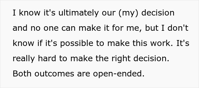 Text discussing a couple's hard decision on kids, mentioning challenges and open-ended outcomes. Text discussing a couple's hard decision on kids, mentioning challenges and open-ended outcomes.