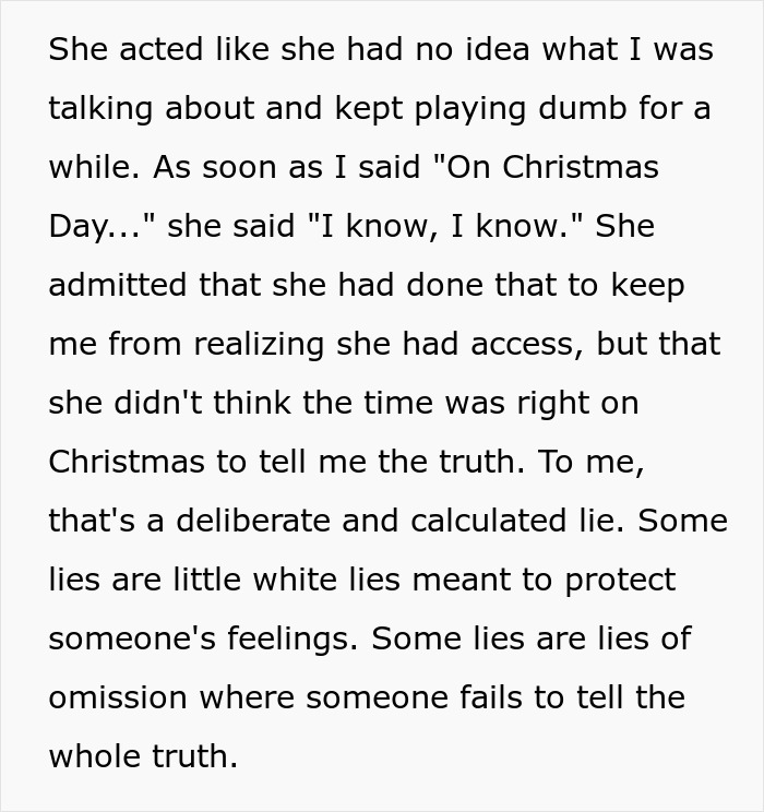 Text discussing secret monitoring of spending and access to phone's camera, revealing a calculated lie. Text discussing secret monitoring of spending and access to phone's camera, revealing a calculated lie.