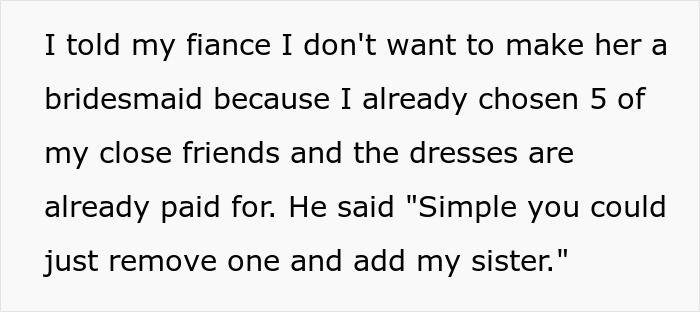 Text exchanges reveal tensions over bridesmaid choices with fiancé and sister. Text exchanges reveal tensions over bridesmaid choices with fiancé and sister.