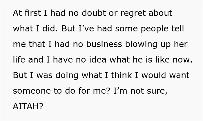 Text screenshot discussing a woman's dilemma about warning her ex's wife about his criminal record. Text screenshot discussing a woman's dilemma about warning her ex's wife about his criminal record.