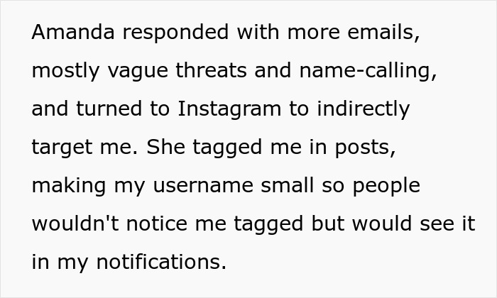 Text about a woman using Instagram to target someone indirectly, mentioning emails, threats, and tagging. Text about a woman using Instagram to target someone indirectly, mentioning emails, threats, and tagging.