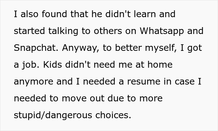 Text from a Reddit post discussing a husband and the option to quit a job or face divorce. Text from a Reddit post discussing a husband and the option to quit a job or face divorce.