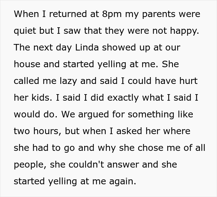 Text recounting an argument over babysitting refusal, highlighting a harsh reality check about child safety concerns. Text recounting an argument over babysitting refusal, highlighting a harsh reality check about child safety concerns.