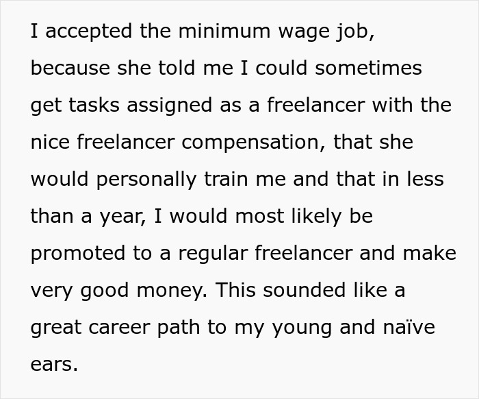 Text describing the narrator's naive career expectations and minimum wage job offer. Text describing the narrator's naive career expectations and minimum wage job offer.