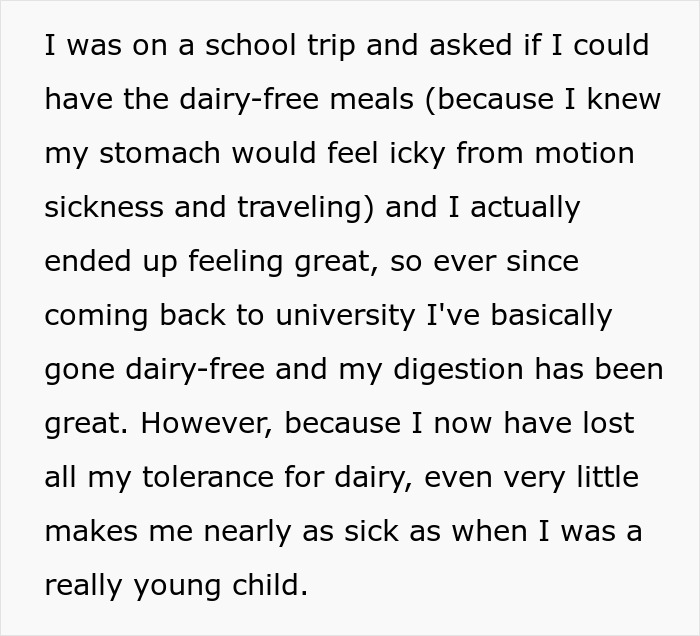 Text about dealing with a dairy allergy on a school trip and its effects on digestion. Text about dealing with a dairy allergy on a school trip and its effects on digestion.