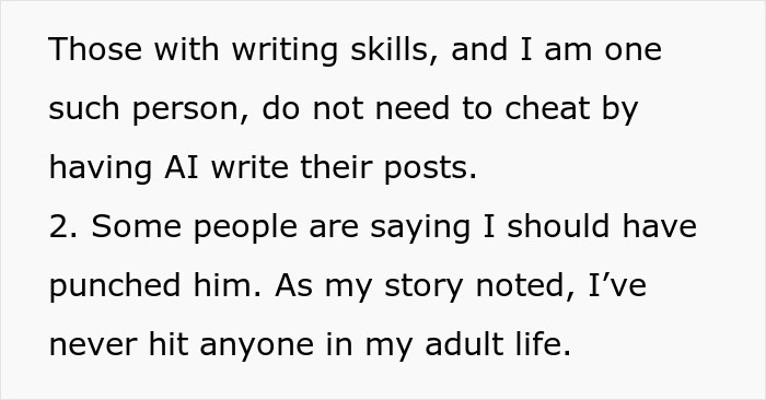 Text discussing writing skills and a personal story about not using AI to write posts or resorting to violence. Text discussing writing skills and a personal story about not using AI to write posts or resorting to violence.