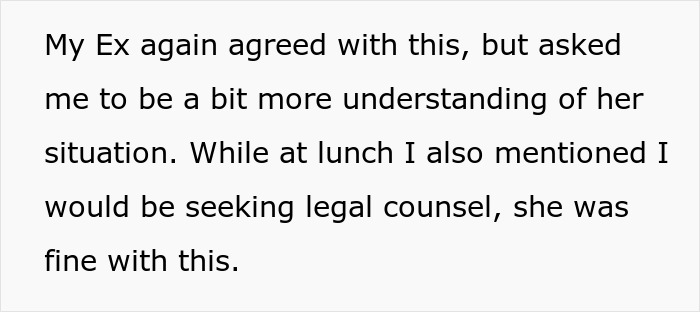 Text reads: Ex agrees but requests understanding, father mentions seeking legal counsel during lunch conversation. Text reads: Ex agrees but requests understanding, father mentions seeking legal counsel during lunch conversation.