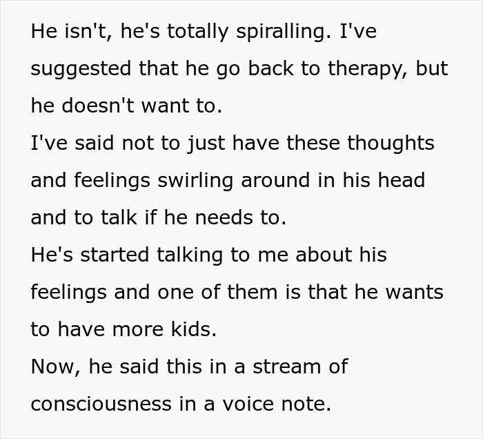 Text conversation about a guy expressing desire for kids, suggesting he should go back to therapy. Text conversation about a guy expressing desire for kids, suggesting he should go back to therapy.