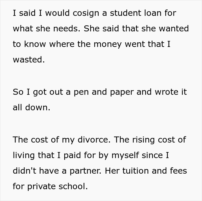 Text detailing university funds spent on divorce, living costs, and private school tuition. Text detailing university funds spent on divorce, living costs, and private school tuition.
