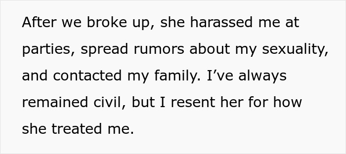 Text discussing a breakup, harassment, and rumors related to a bridesmaid dropping out of a friend's wedding. Text discussing a breakup, harassment, and rumors related to a bridesmaid dropping out of a friend's wedding.