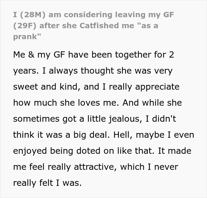 Text discussing GF catfishing BF as a prank, affecting their relationship. Text discussing GF catfishing BF as a prank, affecting their relationship.