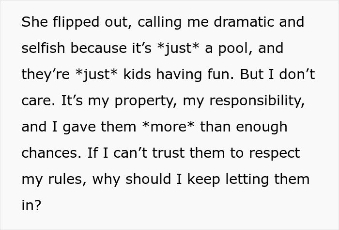 Text image expressing frustration over neighbors' kids using pool without permission. Text image expressing frustration over neighbors' kids using pool without permission.
