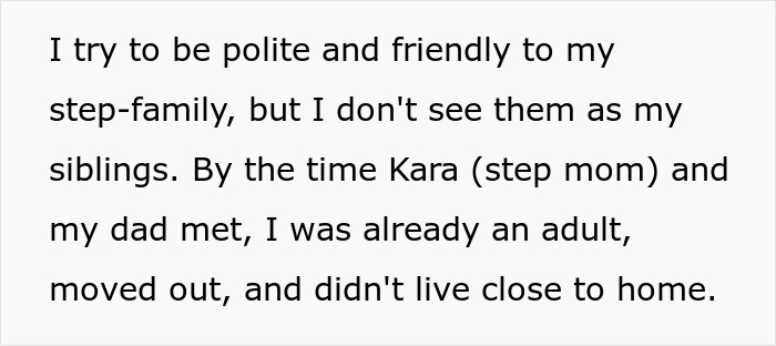 Text about a woman feeling distant from her stepfamily and stepsiblings. Text about a woman feeling distant from her stepfamily and stepsiblings.