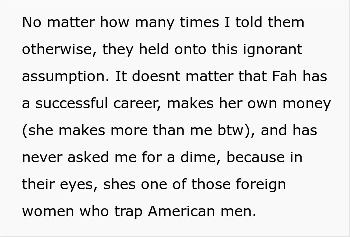 Text excerpt about parents’ racist assumptions towards son's Thai wife, despite her success and independence. Text excerpt about parents’ racist assumptions towards son's Thai wife, despite her success and independence.