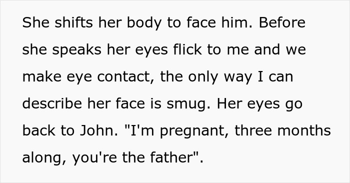 Text describes a woman claiming pregnancy by a supposedly infertile man in an open relationship. Text describes a woman claiming pregnancy by a supposedly infertile man in an open relationship.