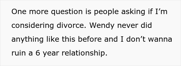 Text about considering divorce and maintaining a 6-year relationship amidst recent events. Text about considering divorce and maintaining a 6-year relationship amidst recent events.