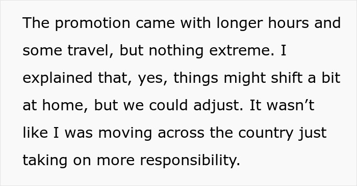 Text discussing a job promotion with longer hours and travel, emphasizing adjustment and increased responsibility. Text discussing a job promotion with longer hours and travel, emphasizing adjustment and increased responsibility.