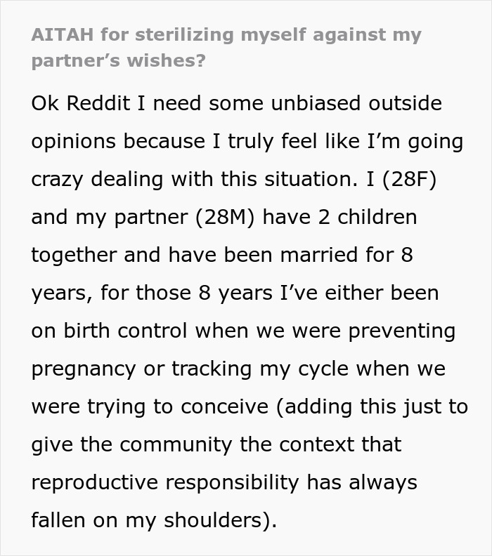 Text discussing sterilization decision without partner's agreement, focusing on relationship dynamics and reproductive choices. Text discussing sterilization decision without partner's agreement, focusing on relationship dynamics and reproductive choices.