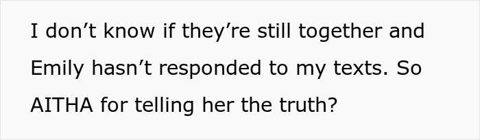 Text of a message discussing neighbor drama about dating someone's husband, questioning the decision to reveal the truth. Text of a message discussing neighbor drama about dating someone's husband, questioning the decision to reveal the truth.