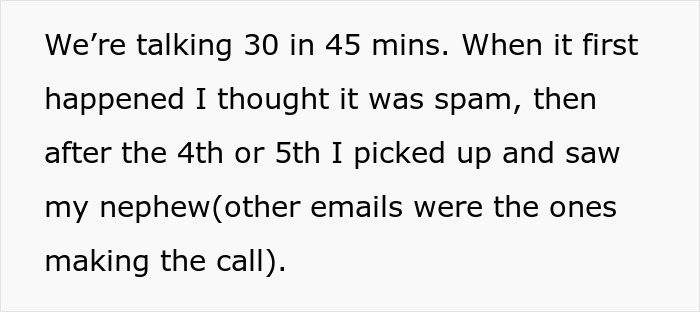 Text about unanswered calls from nephew, involving family discipline dynamics. Text about unanswered calls from nephew, involving family discipline dynamics.
