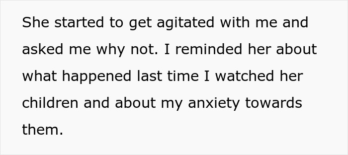 Text about anxiety and babysitting difficulty, mentioning an incident and a sister's reaction. Text about anxiety and babysitting difficulty, mentioning an incident and a sister's reaction.