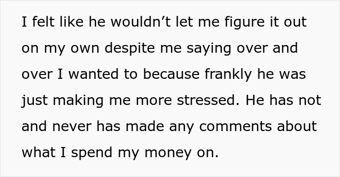 Text message expressing stress due to wealthy partner's influence on financial independence. Text message expressing stress due to wealthy partner's influence on financial independence.