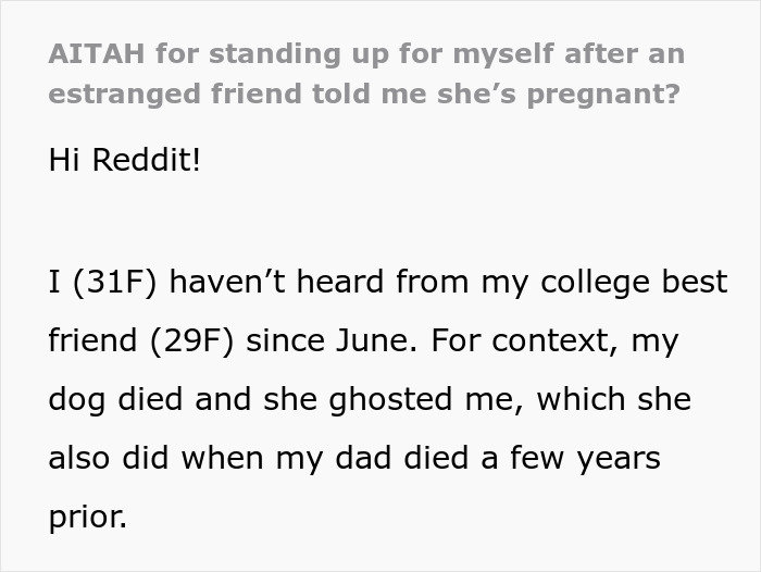 Text describing a woman ghosting a friend during tough times, resurfacing with pregnancy news, leading to being blocked. Text describing a woman ghosting a friend during tough times, resurfacing with pregnancy news, leading to being blocked.