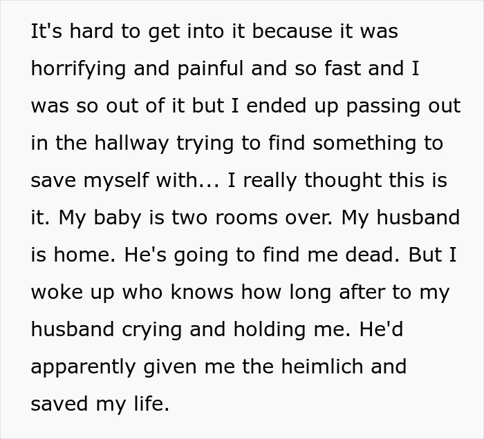 Text recounting how a husband's prank led to a life-threatening situation, requiring the Heimlich maneuver to save his wife. Text recounting how a husband's prank led to a life-threatening situation, requiring the Heimlich maneuver to save his wife.