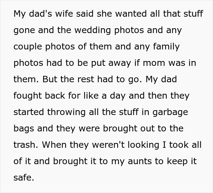 Text describing a conflict over late mom's belongings, with items taken from trash to keep them safe. Text describing a conflict over late mom's belongings, with items taken from trash to keep them safe.