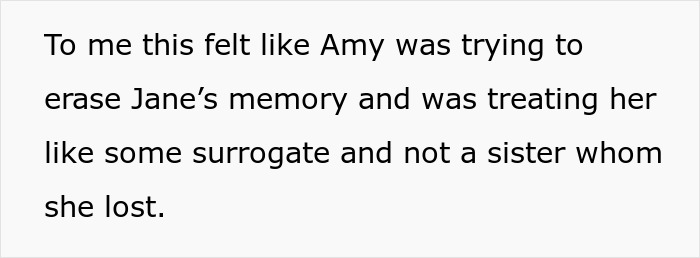 Text about sibling dynamics and grief, mentioning Amy, Jane, and surrogate roles. Text about sibling dynamics and grief, mentioning Amy, Jane, and surrogate roles.
