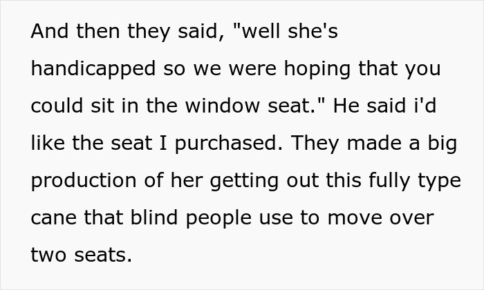 Text recounting drama over a handicapped seating dispute on a flight. Text recounting drama over a handicapped seating dispute on a flight.