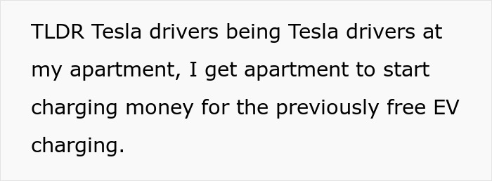 Text describing Tesla drivers and EV charging changes at an apartment. Text describing Tesla drivers and EV charging changes at an apartment.