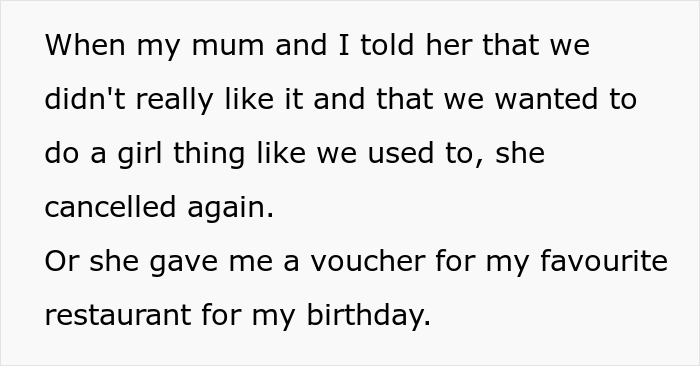 Text about a sister missing alone time, mentioning a restaurant voucher and canceled plans with her mom. Text about a sister missing alone time, mentioning a restaurant voucher and canceled plans with her mom.
