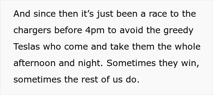 Text about Tesla drivers racing for charging stations, mentioning their tendency to occupy stations all afternoon and night. Text about Tesla drivers racing for charging stations, mentioning their tendency to occupy stations all afternoon and night.