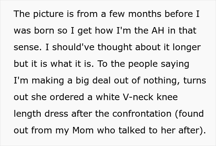 Text discussing a bride's concerns about her grandmother choosing a white dress for the wedding. Text discussing a bride's concerns about her grandmother choosing a white dress for the wedding.