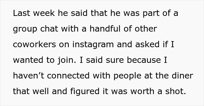 Text image detailing a coworker's invitation to a group chat on Instagram. Text image detailing a coworker's invitation to a group chat on Instagram.