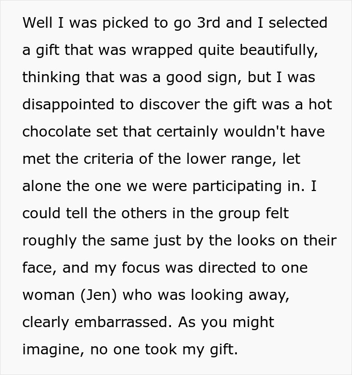 Text describing a disappointing gift exchange, hinting at drama involving a woman swindling at a club. Text describing a disappointing gift exchange, hinting at drama involving a woman swindling at a club.